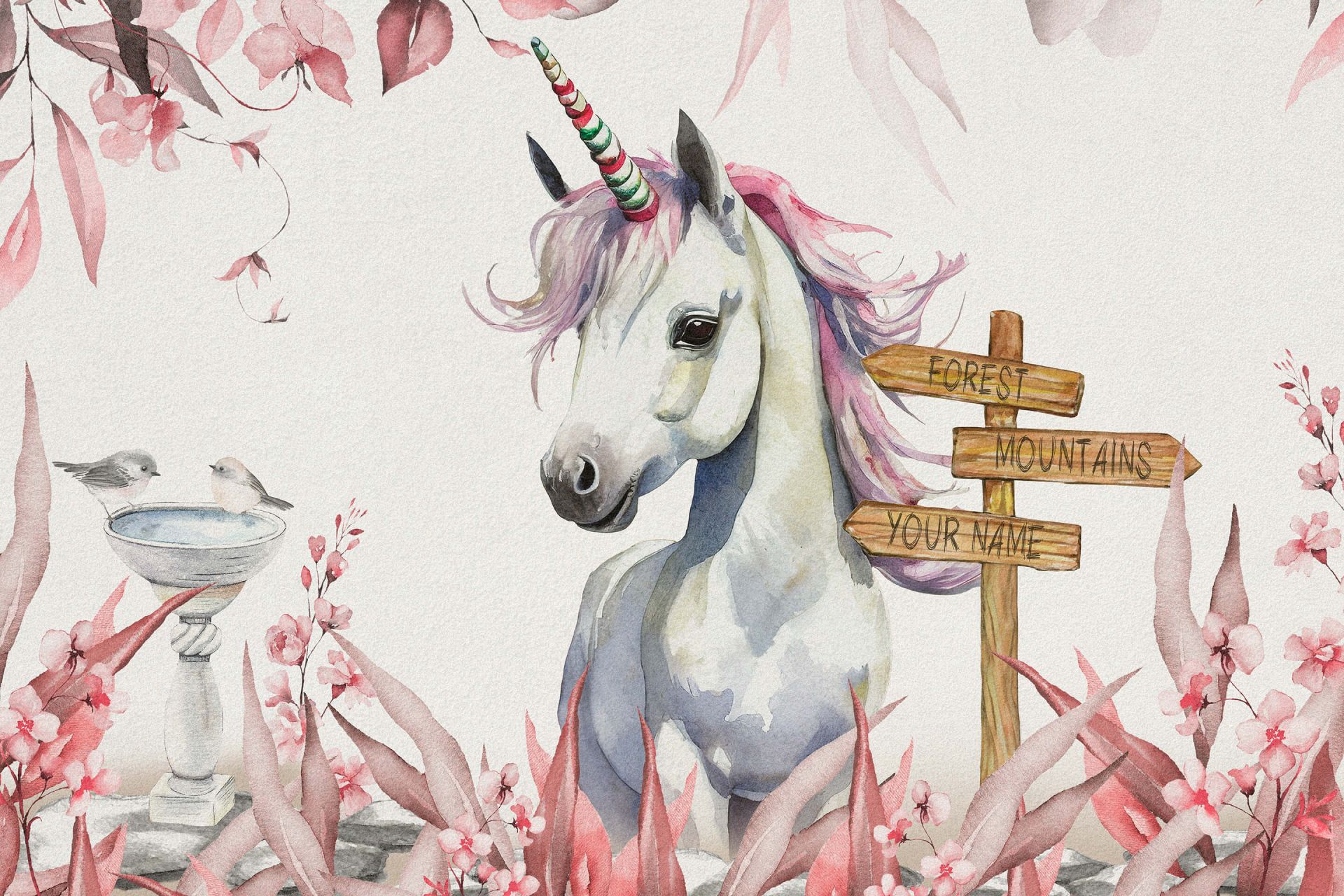 Baby unicorno con piante rosa