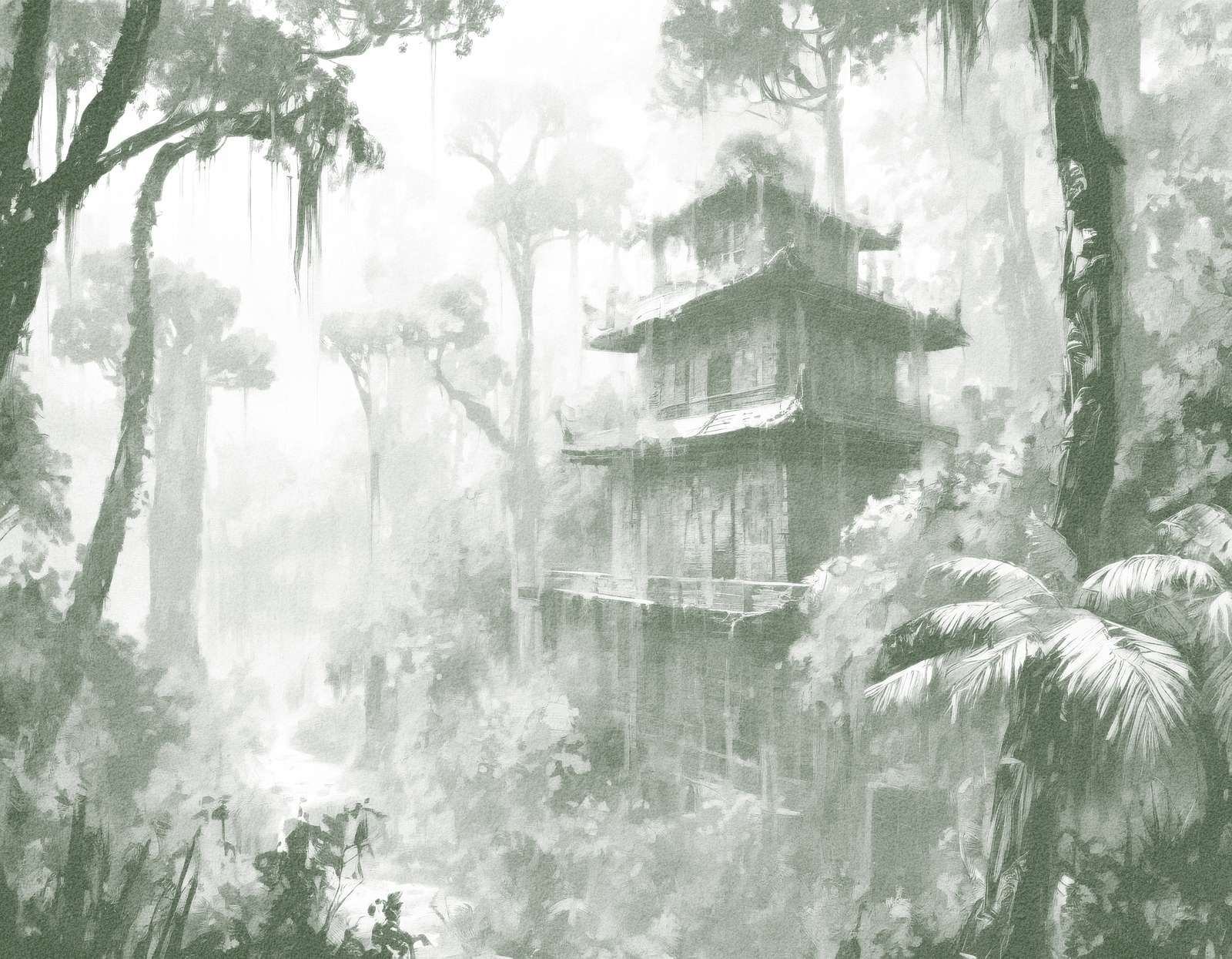 Capanna Nascosta nella Foresta Nebbiosa, verde