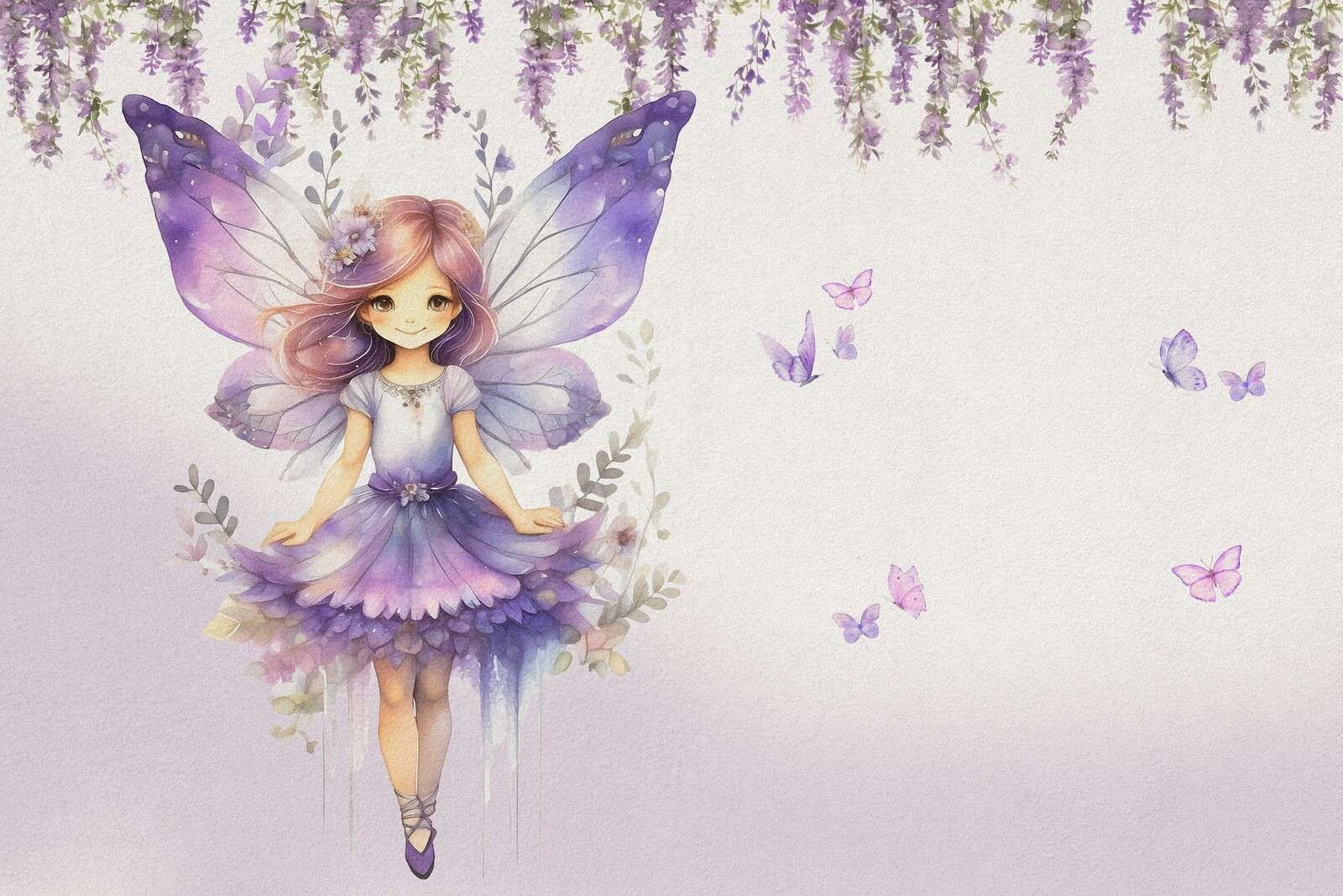 Farfalla elfo viola in giardino floreale