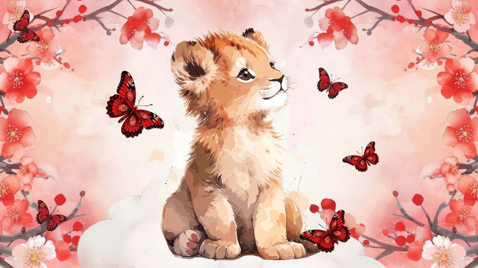 Dromerige leeuwenwelp en vlinders