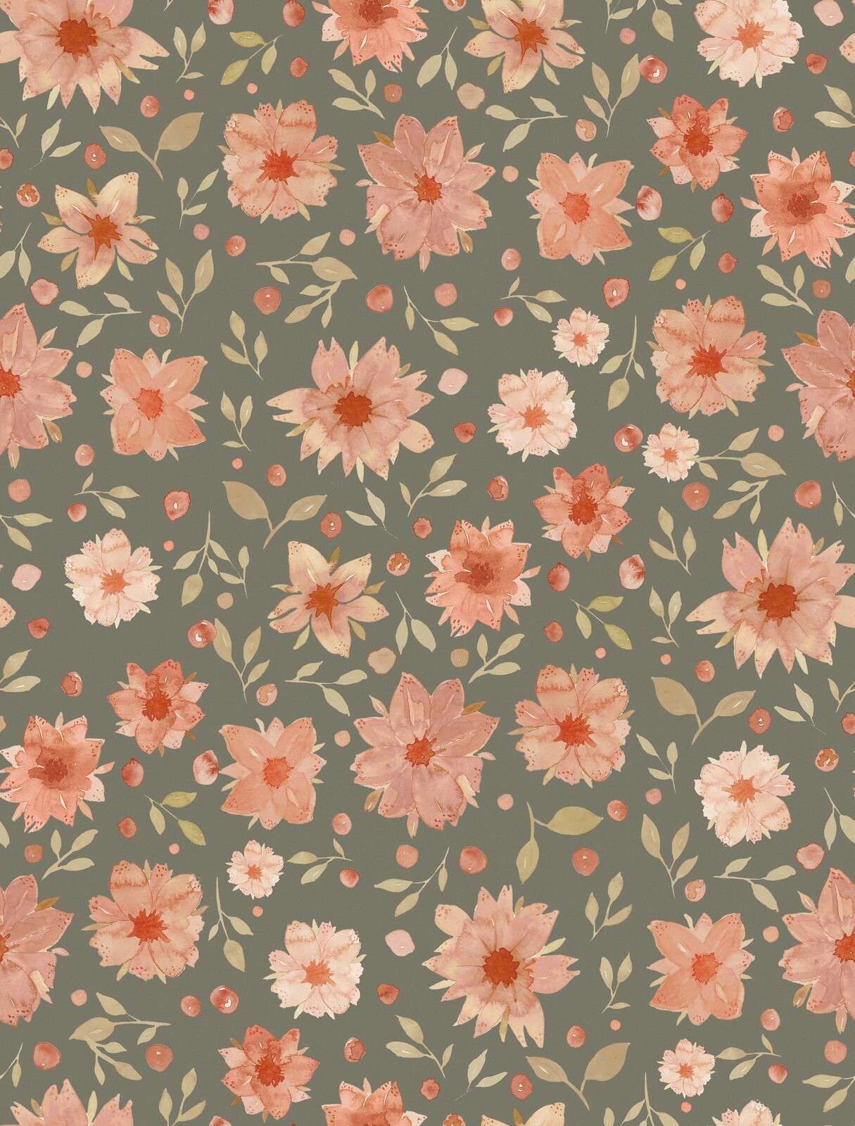Fiori ad acquerello rosa corallo su verde oliva