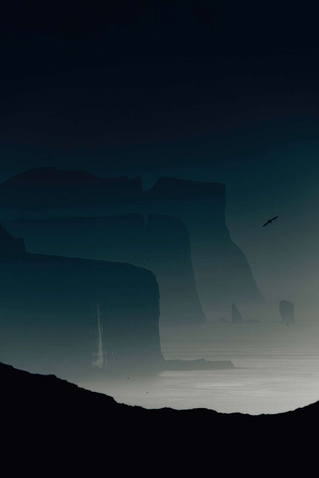 Scogliere nella nebbia blu grigia del mattino