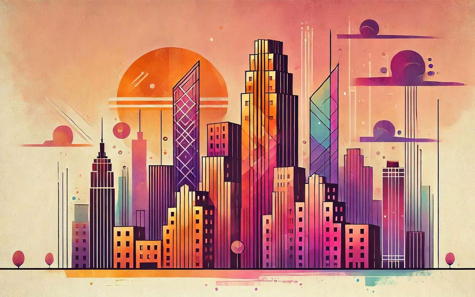 Città colorata sotto il sole rosa