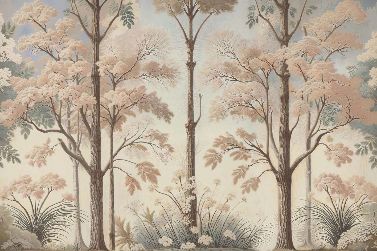 Dolce paesaggio boscoso con alberi in fiore.