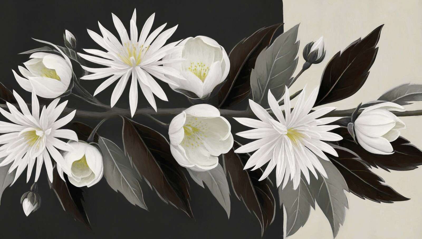 Clematis bianca su ramo scuro.