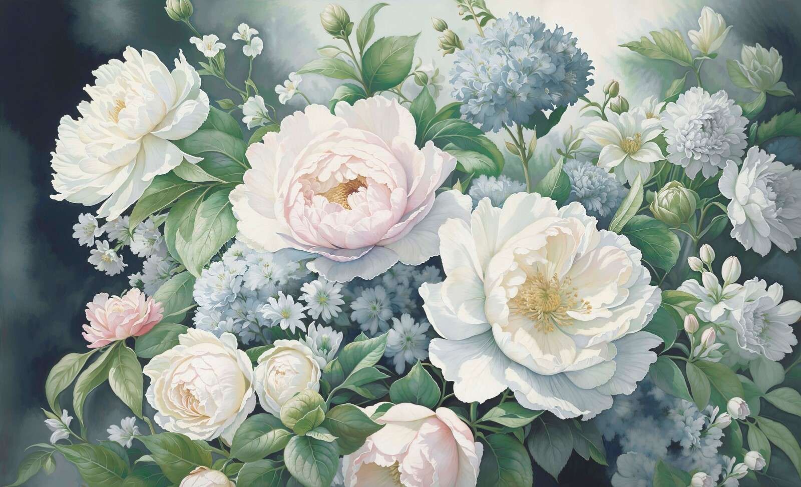 Peonie romantiche in azzurro pastello.