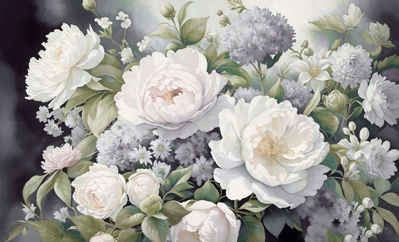 Peonie bianche in verde nebbia