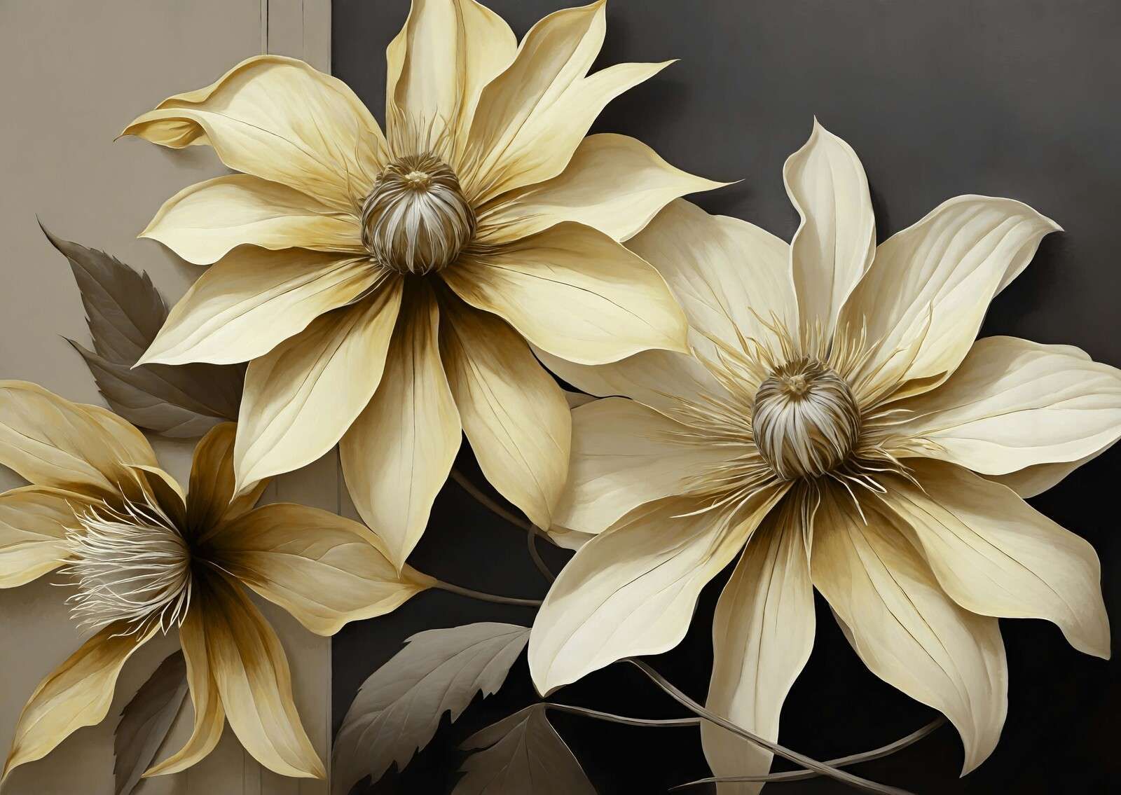 Fiori di clematide dorati su sfondo scuro