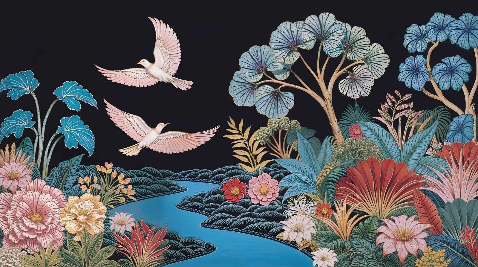 Paesaggio tropicale con uccelli bianchi