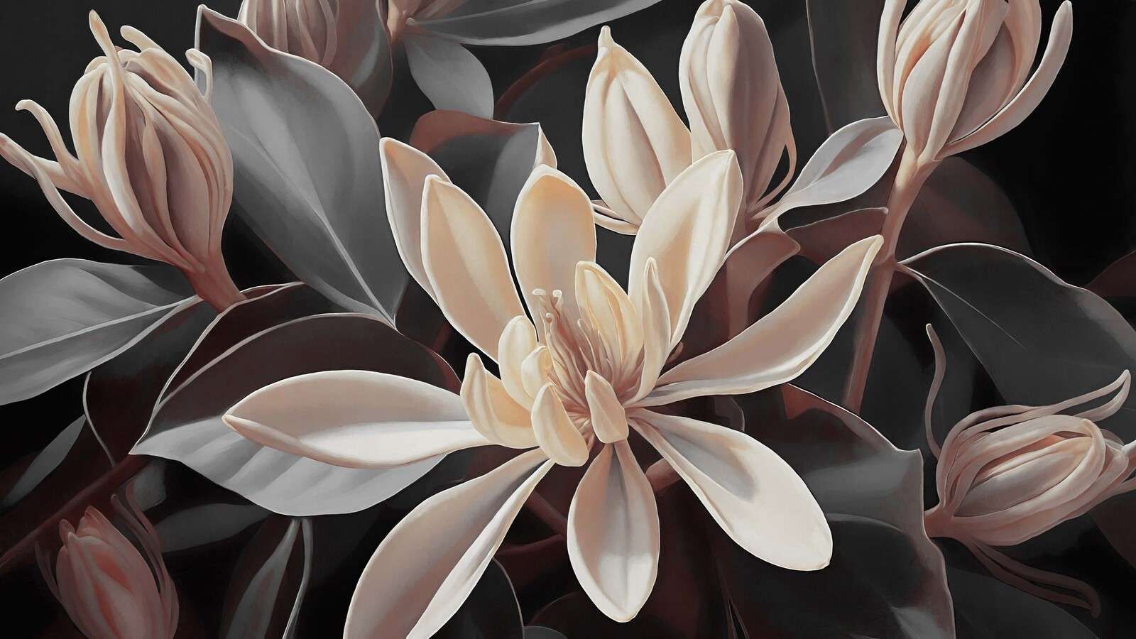 Fiori di magnolia color crema su sfondo scuro