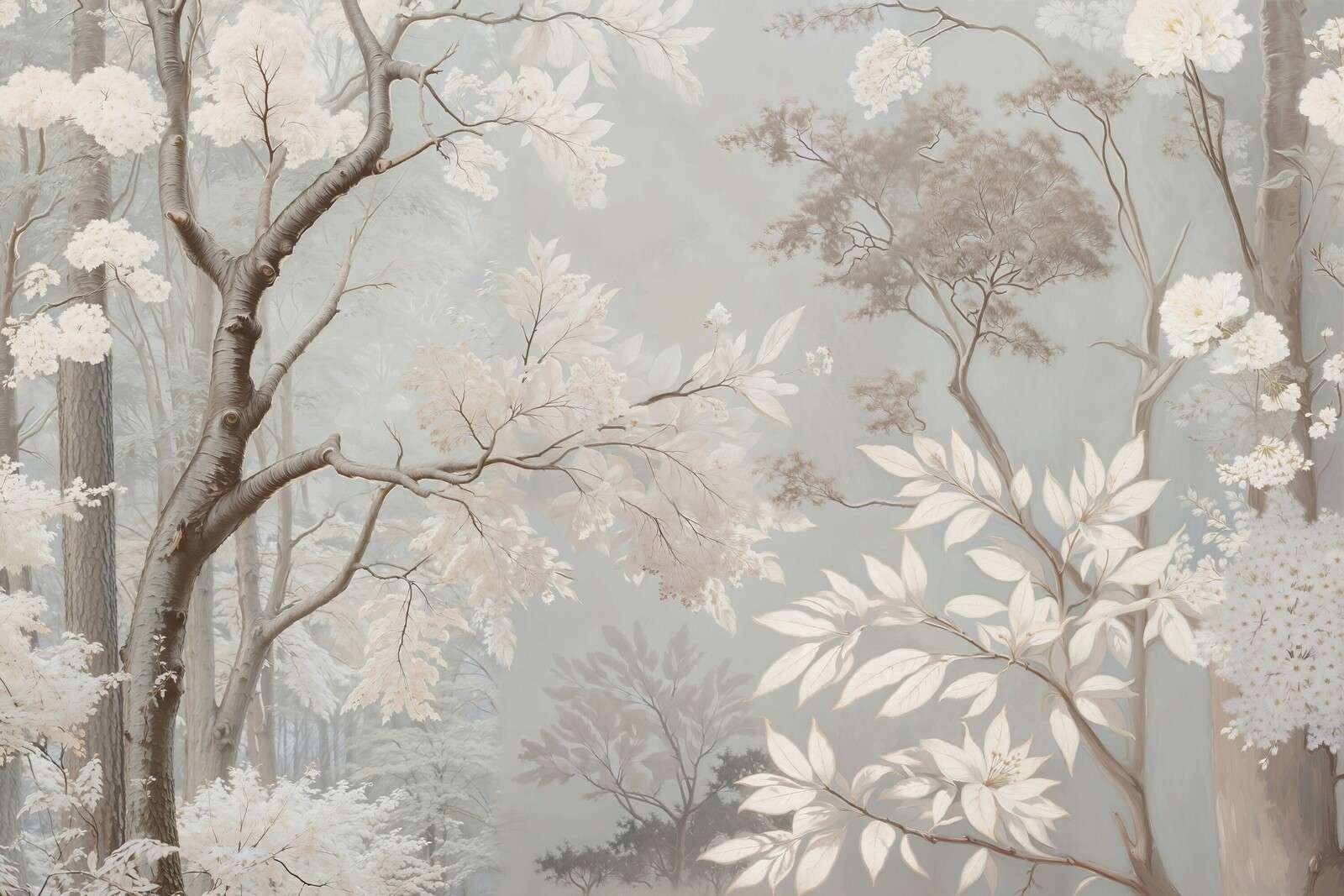 Paesaggio boschivo nebbioso con fiori bianchi