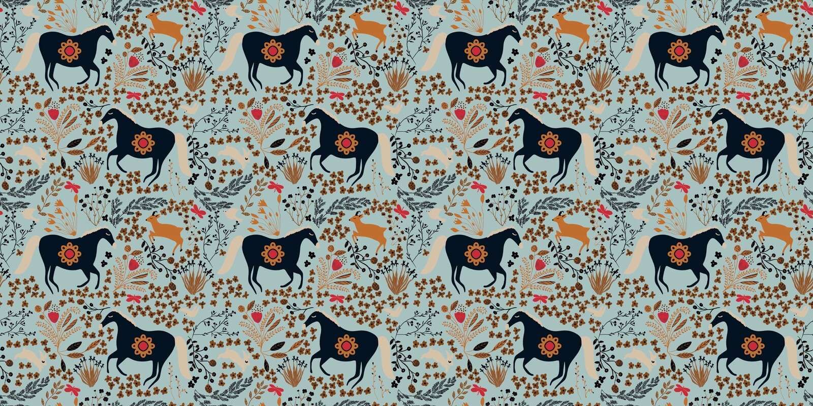 Campo di fiori con cavalli e cervi