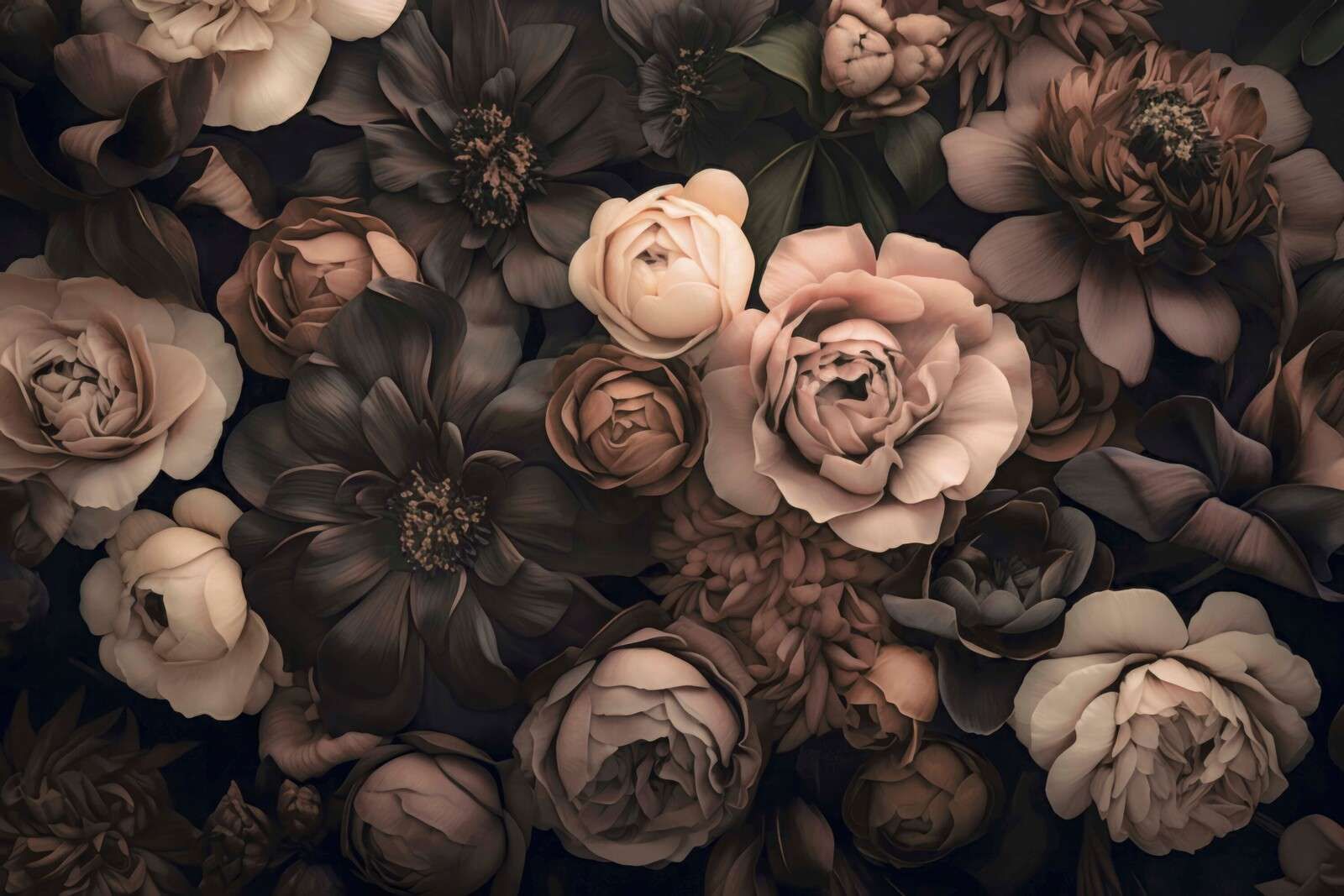 Fiori barocchi opulenti, arte botanica cupa, rosa cipria e marrone