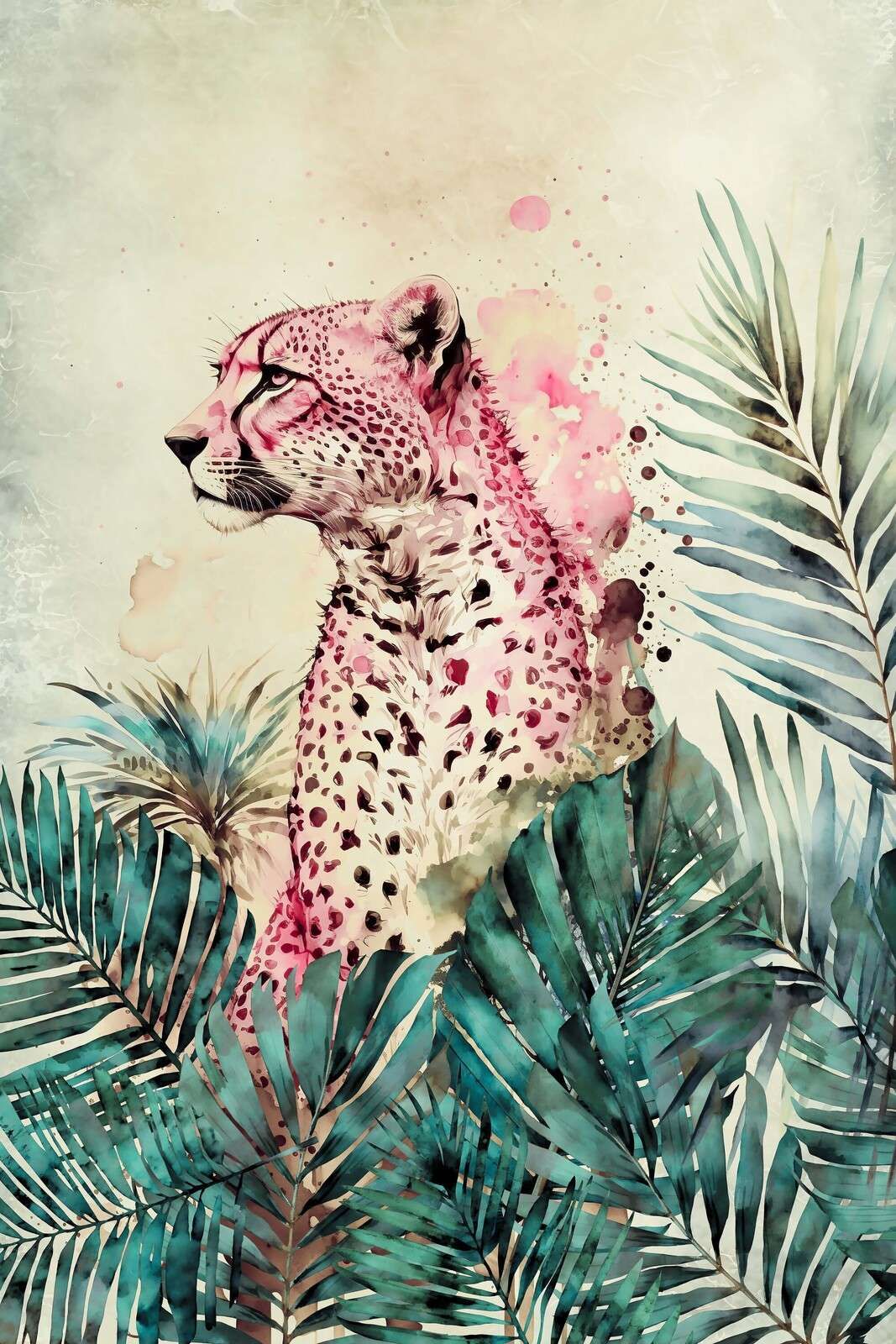 giungla rosa con ghepardo e fauna selvatica