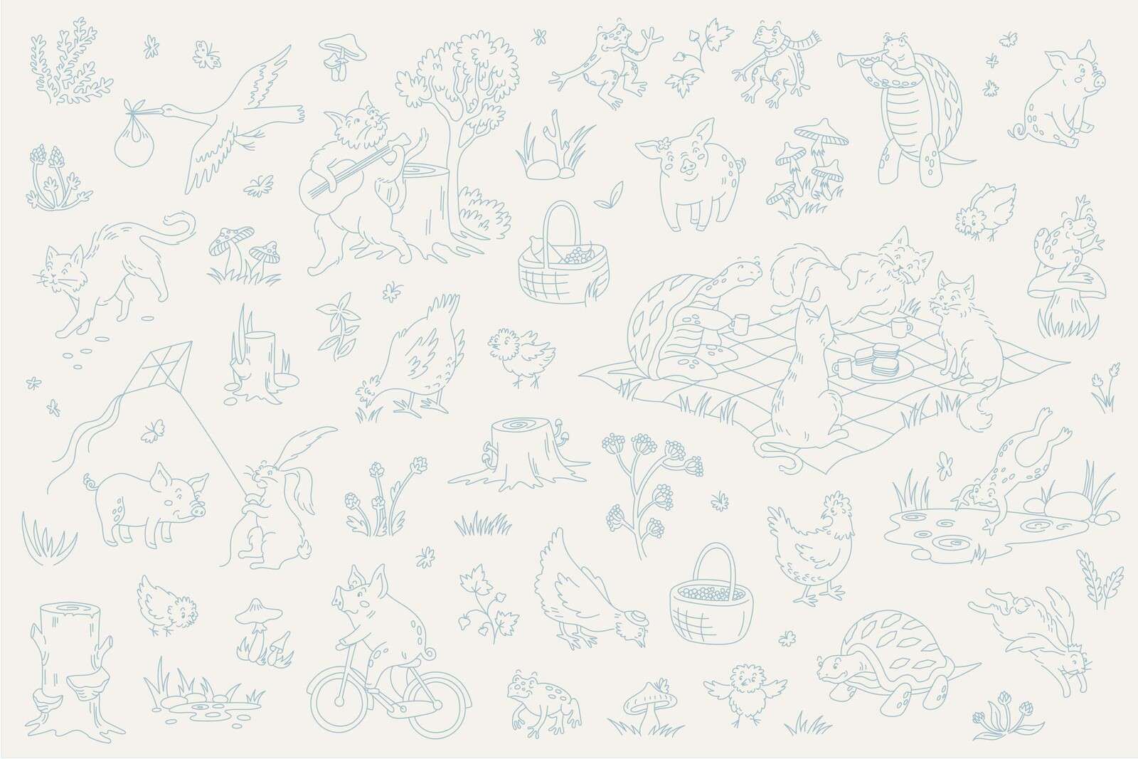 animali del bosco tranquilli beige e blu