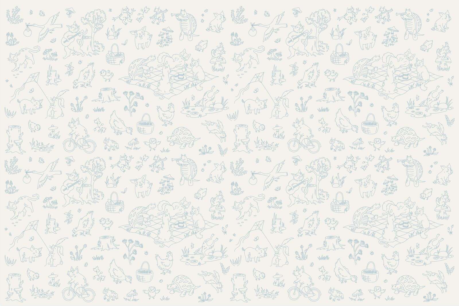 stampa beige e blu con animali del bosco tranquilli