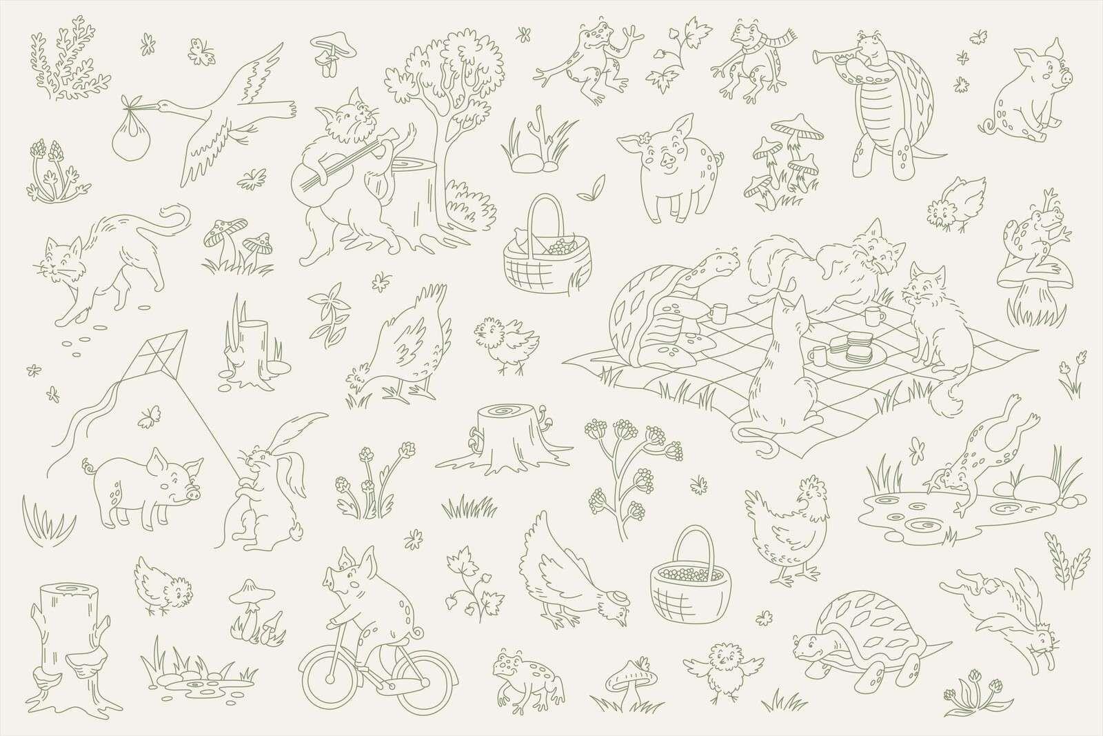 Animali del bosco, beige tranquillo e verde scuro