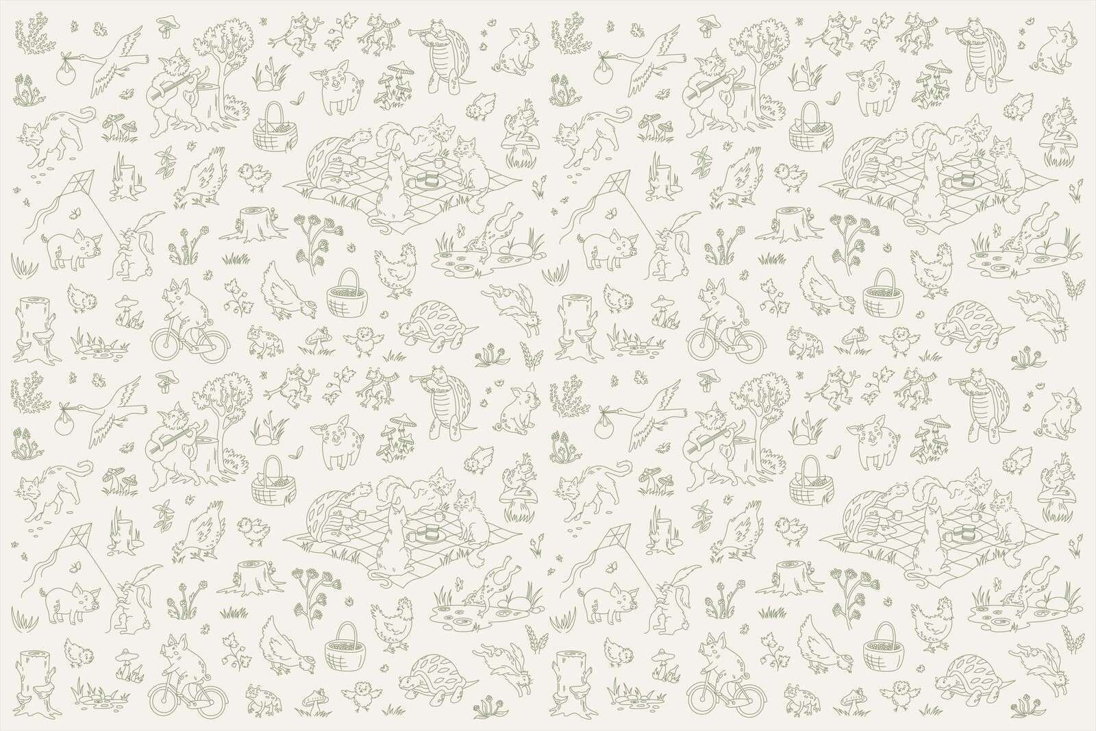 stampa con animali del bosco, beige e verde scuro, tranquilla
