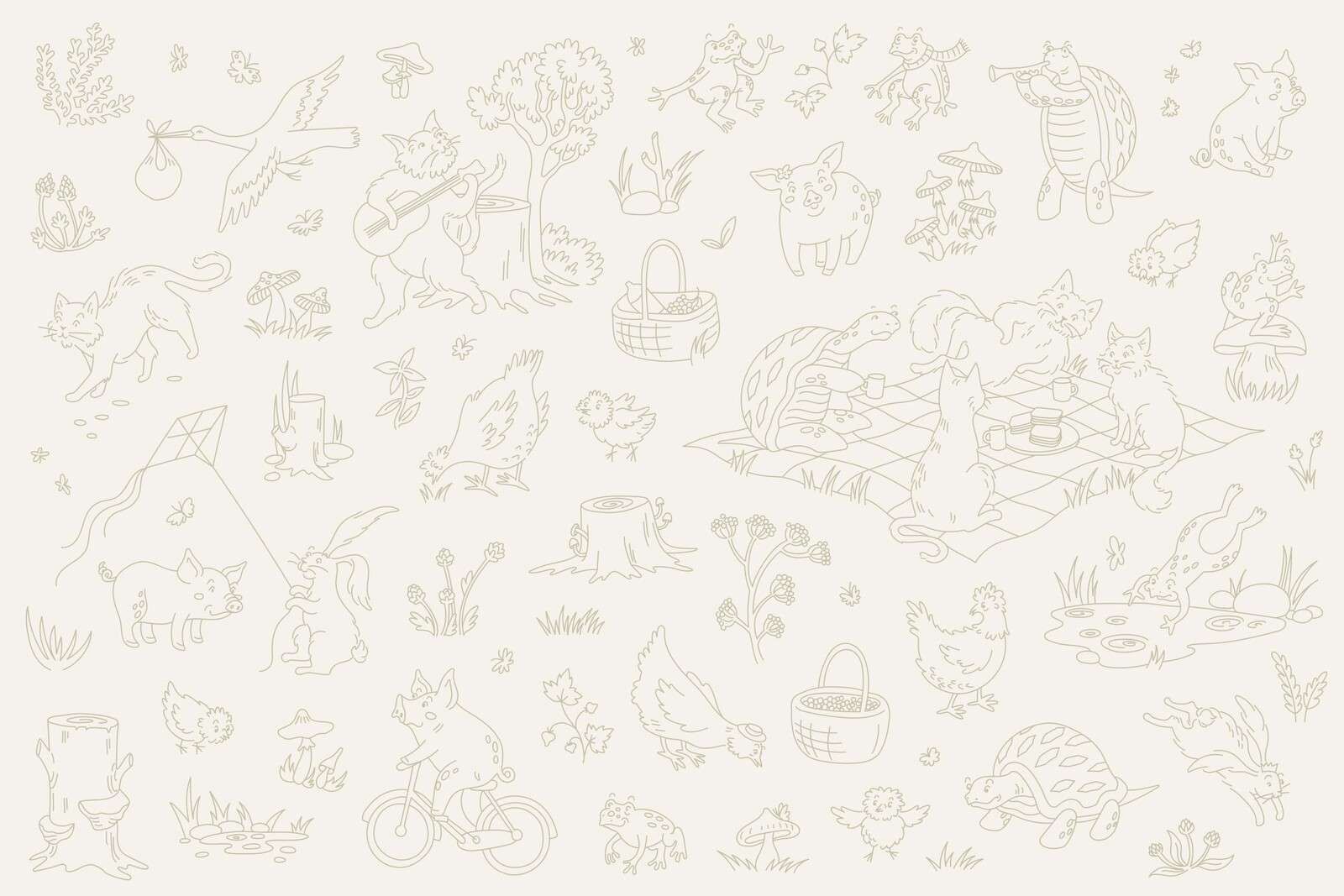 animali del bosco tranquilli beige e verde chiaro