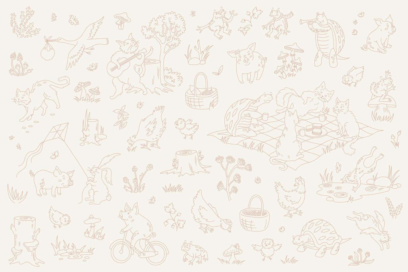 animali del bosco tranquilli beige e rosa