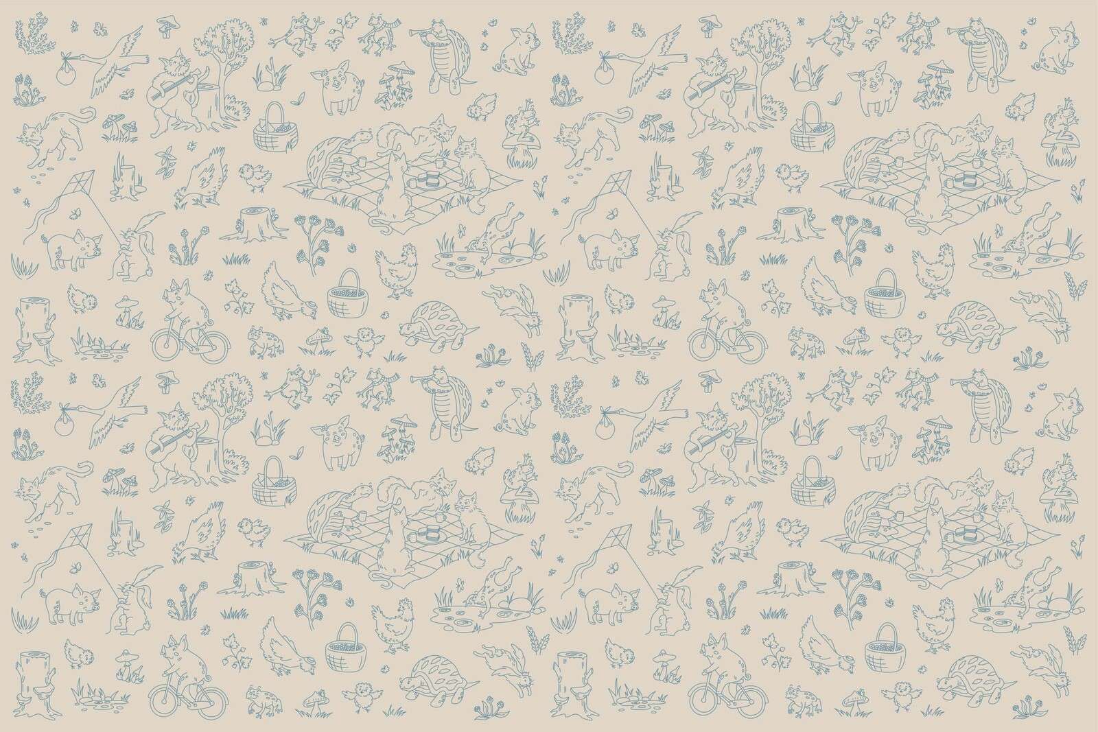 stampa taupe e blu tranquilla con animali del bosco
