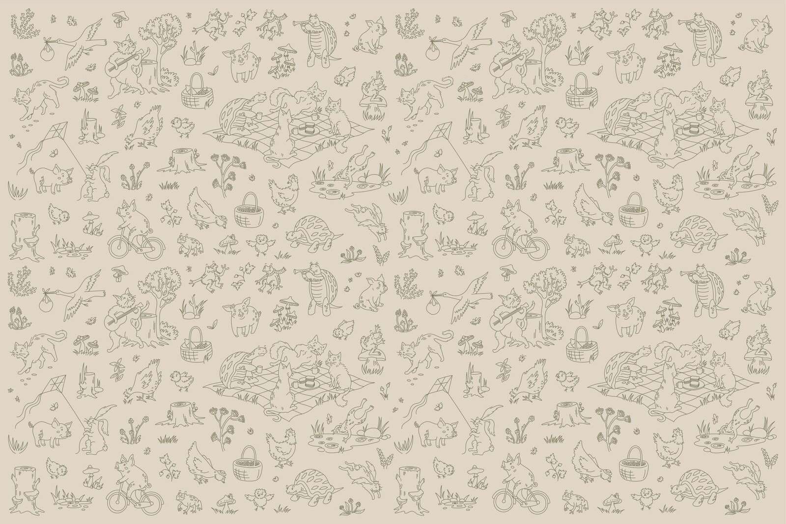 stampa tranquilla verde taupe con animali del bosco